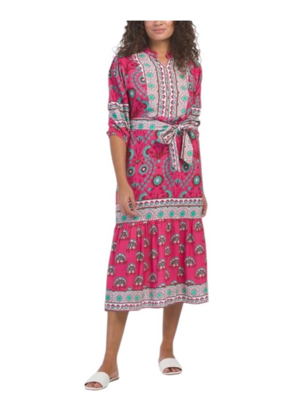 CELINA MOON Three-quarter Sleeve Mixed Print Midi Dress Medium